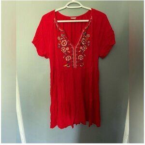 Red Floral Embroidered Tunic Blouse Boho India Style Summer Festival L